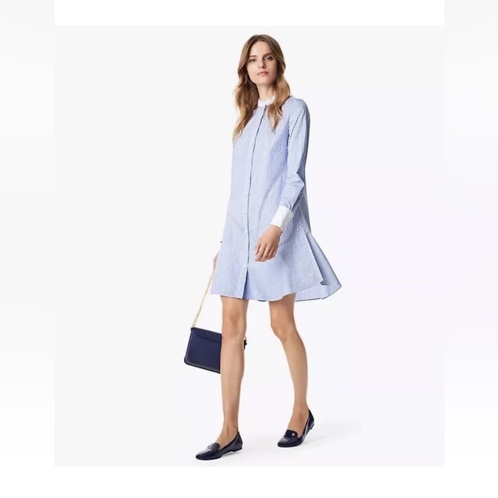 Tory Burch Cora Shirt Dress Striped Blue White Cotton Long Sleeve Crew Neck 4